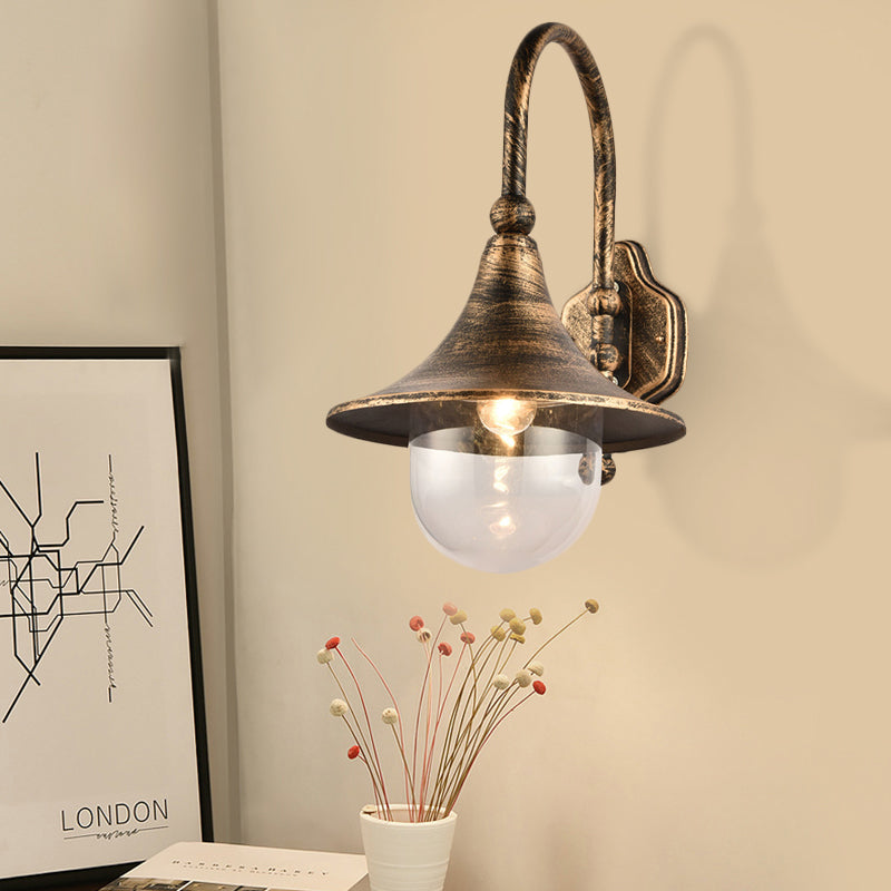 Flared Shade Metal Wall Lamp Industrial 1 Light Balcony Wall Mount Light with Clear Glass Shade in Black/Rust Finish Clearhalo 'Art deco wall lights' 'Cast Iron' 'Glass' 'Industrial wall lights' 'Industrial' 'Middle century wall lights' 'Modern' 'Rustic wall lights' 'Tiffany' 'Traditional wall lights' 'Wall Lamps & Sconces' 'Wall Lights' Lighting' 255681