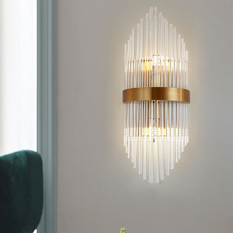 Crystal Rod Shield Wall Mount Light Postmodern 2/3 Heads Gold Sconce Light Fixture for Living Room Clearhalo 'Modern wall lights' 'Modern' 'Wall Lamps & Sconces' 'Wall Lights' Lighting' 256151