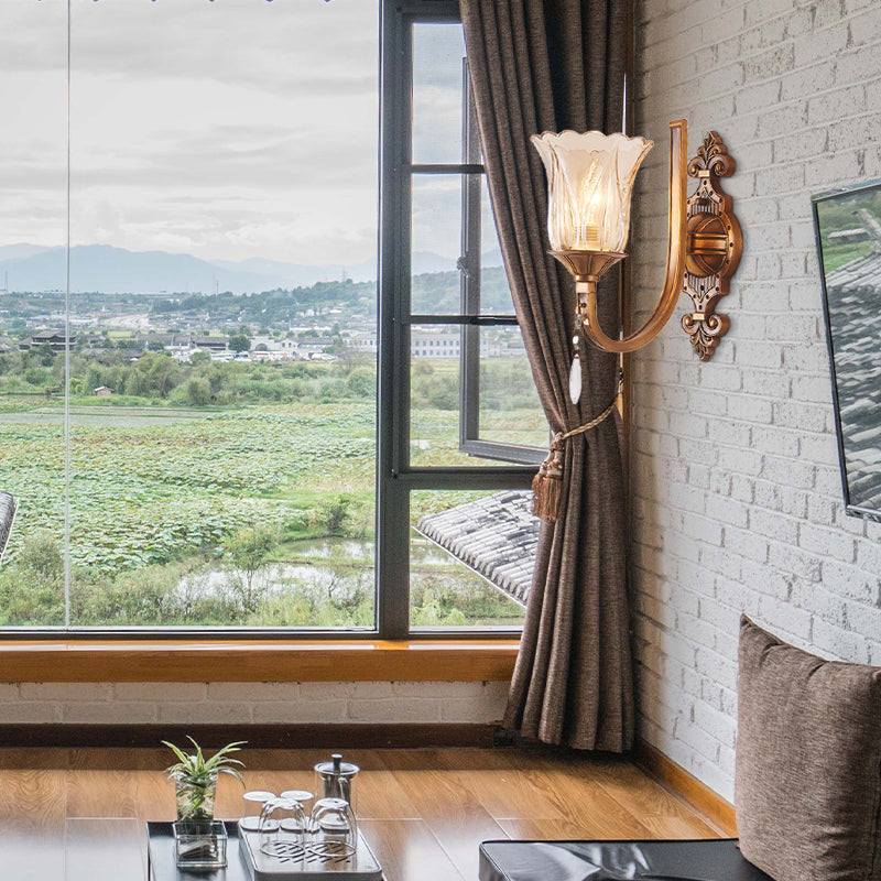 Cognac Glass Flower Wall Mounted Light Vintage 1/2 Heads Brass Sconce Light Fixture with Crystal Drop Clearhalo 'Modern wall lights' 'Modern' 'Wall Lamps & Sconces' 'Wall Lights' Lighting' 256249