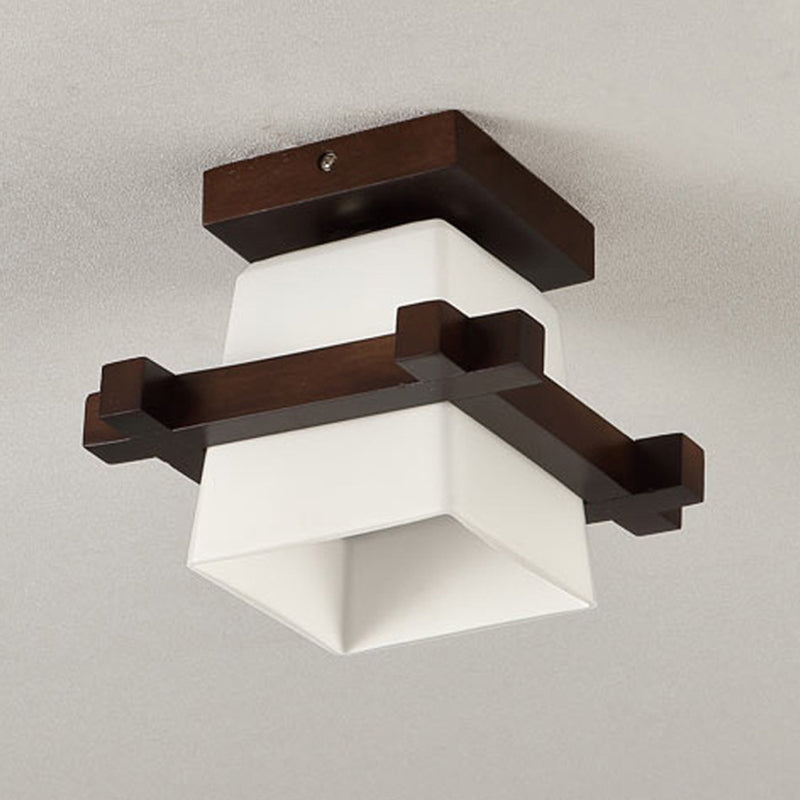 1-Light Wooden Ceiling Light Modern Simplicity Semi Flush Light with Square Glass Shade Clearhalo 'Ceiling Lights' 'Close To Ceiling Lights' 'Close to ceiling' 'Semi-flushmount' Lighting' 2562750