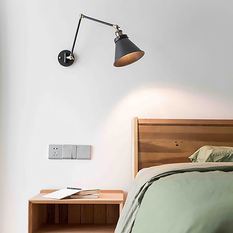 Cone Wall Lighting Fixture Industrial Style Metal 1 Bulb Black/White Wall Sconce Light with Swing Arm for Bedroom Clearhalo 'Art deco wall lights' 'Cast Iron' 'Glass' 'Industrial wall lights' 'Industrial' 'Middle century wall lights' 'Modern' 'Rustic wall lights' 'Tiffany' 'Traditional wall lights' 'Wall Lamps & Sconces' 'Wall Lights' Lighting' 257451