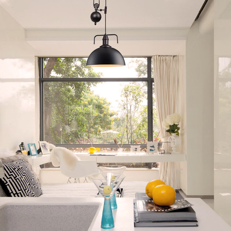 Black Dome Hanging Lighting Warehouse Style 1 Light Metallic Pendant Light Fixture with Pulley Design, 8"/12" Wide Clearhalo 'Art Deco Pendants' 'Black' 'Cast Iron' 'Ceiling Lights' 'Ceramic' 'Crystal' 'Industrial Pendants' 'Industrial' 'Metal' 'Middle Century Pendants' 'Pendant Lights' 'Pendants' 'Rustic Pendants' 'Tiffany' Lighting' 257733