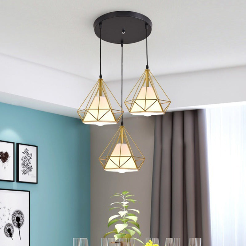 3 Lights Diamond Cage Multi Pendant Light Creative Industrial Metal Multi-Light Pendant for Restaurant Clearhalo 'Ceiling Lights' 'Modern Pendants' 'Modern' 'Pendant Lights' 'Pendants' Lighting' 2578802
