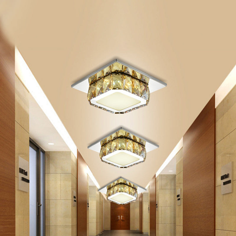 Clear/Amber Crystal Square Flush Mount Lamp Modern LED Corridor Flush-Mount Light Fixture in Neutral/Warm/White/3 Color Clearhalo 'Ceiling Lights' 'Close To Ceiling Lights' 'Close to ceiling' 'Flush mount' Lighting' 259109