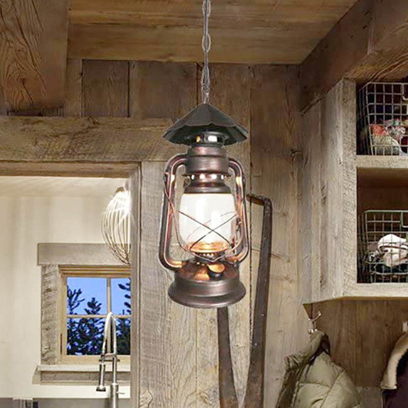 Metal Rust Finish Pendant Light Fixture Kerosene Lamp Shaped 1-Light Nautical Style Hanging Light Clearhalo 'Art Deco Pendants' 'Cast Iron' 'Ceiling Lights' 'Ceramic' 'Crystal' 'Industrial Pendants' 'Industrial' 'Metal' 'Middle Century Pendants' 'Pendant Lights' 'Pendants' 'Tiffany' Lighting' 2592818