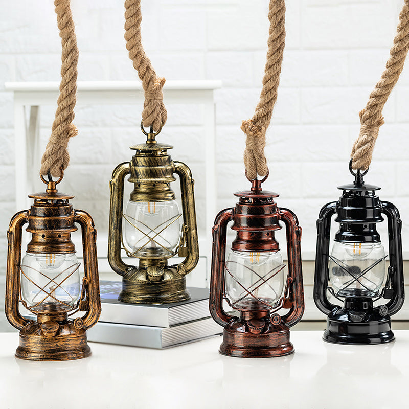 Transparent Glass Kerosene Lantern Ceiling Lamp Nautical 1 Head Bedside Pendant with Hemp Rope Clearhalo 'Art Deco Pendants' 'Black' 'Cast Iron' 'Ceiling Lights' 'Ceramic' 'Crystal' 'Industrial Pendants' 'Industrial' 'Metal' 'Middle Century Pendants' 'Pendant Lights' 'Pendants' 'Rustic Pendants' 'Tiffany' Lighting' 2592824