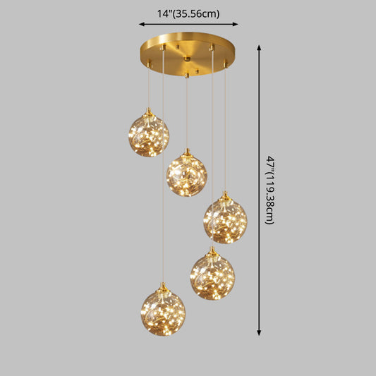 Brass Finish Globe Suspension Lamp Nordic Amber Glass LED Starry Pendant Lighting for Bedroom