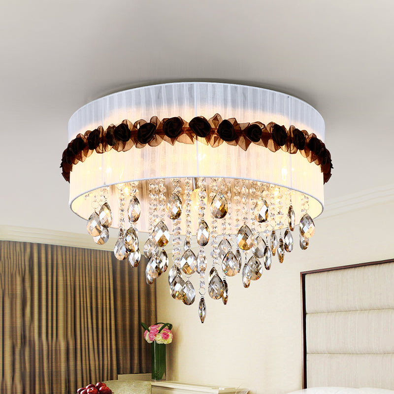 Fabric Circle Flushmount Lighting Vintage 6 Lights Bedroom Flush Ceiling Light with Crystal Bead Decoration in White Clearhalo 'Ceiling Lights' 'Close To Ceiling Lights' 'Close to ceiling' 'Flush mount' Lighting' 259352
