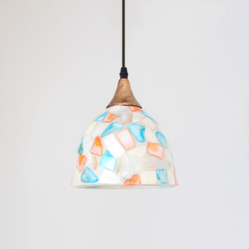 Mosaic Effect Bell Hanging Lamp Mediterranean Beige Shell Pendant Lighting for Kitchen Clearhalo 'Ceiling Lights' 'Close To Ceiling Lights' 'Industrial' 'Middle Century Pendants' 'Pendant Lights' 'Pendants' 'Tiffany close to ceiling' 'Tiffany Pendants' 'Tiffany' Lighting' 2593571