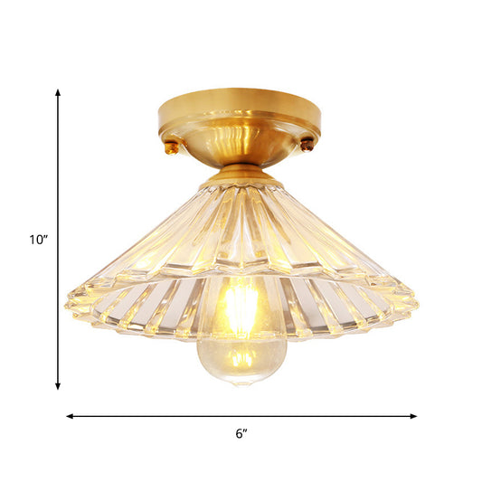 Cone Flush Mount Lamp with Clear Striped Glass Shade Vintage 1 Light Flush Ceiling Light in Brass Clearhalo 'Ceiling Lights' 'Close To Ceiling Lights' 'Close to ceiling' 'Flush mount' 'Industrial Flush Mount' Lighting' 259462