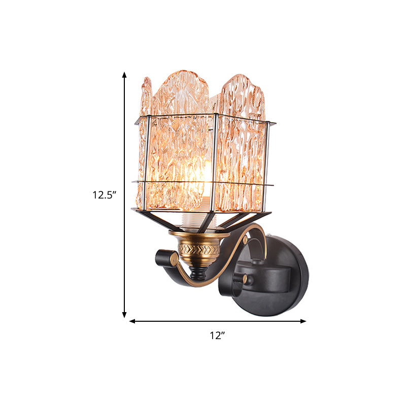 Rippled Glass Wall Light Fixture with Metal Cage Contemporary 1 Head Black Finish Flush Mount Wall Sconce Clearhalo 'Art deco wall lights' 'Industrial wall lights' 'Industrial' 'Middle century wall lights' 'Tiffany' 'Wall Lamps & Sconces' 'Wall Lights' Lighting' 259723