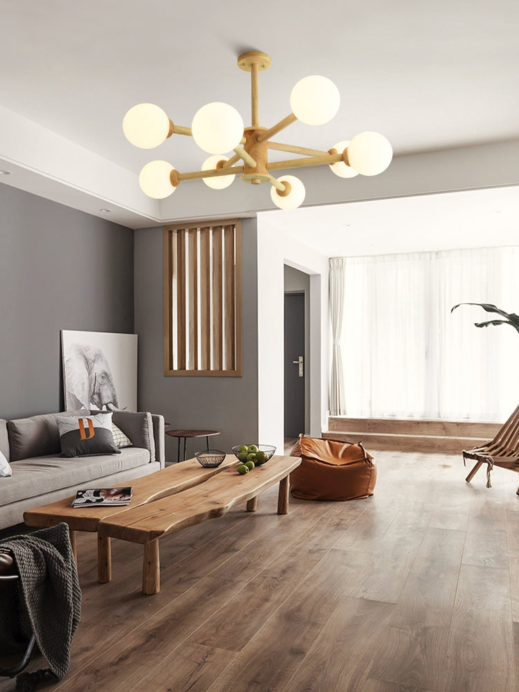 Beige Solid Wood Hanging Light Simplicity Modern Style White Frosted Glass Shade Chandelier Lamp for Living Room Bedroom Clearhalo 'Ceiling Lights' 'Chandeliers' Lighting' 2600418