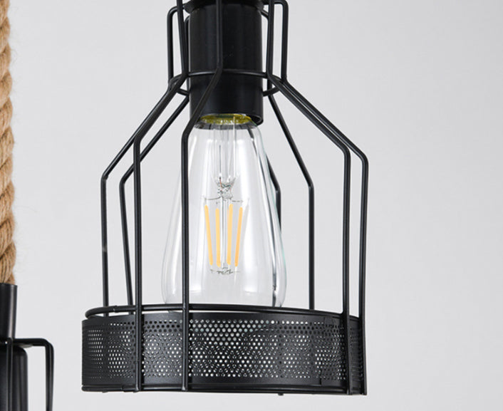 Vintage Hemp Rope Chandelier Indsutrial Retro Linear Wood Pendant with Wire Cage for Restaurant Clearhalo 'Ceiling Lights' 'Island Lights' 'Lighting' 2605144