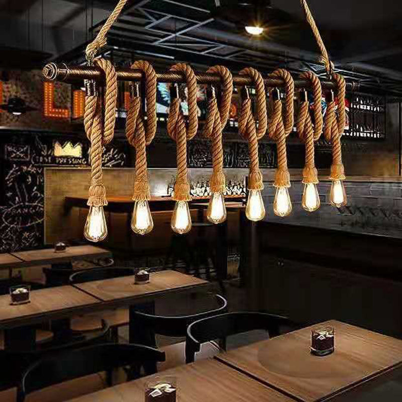 Linear Bar Island Light Fixture Industrial Hemp Rope Bronze Finish Suspension Light 8 Bronze Clearhalo 'Ceiling Lights' 'Island Lights' 'Lighting' 2612557