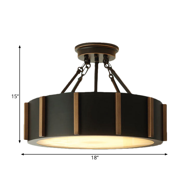 LED Semi Flush Drum Light Rustic Black Metallic Close to Ceiling Light Fixture, Warm Light Clearhalo 'Ceiling Lights' 'Close To Ceiling Lights' 'Close to ceiling' 'Semi-flushmount' Lighting' 261465