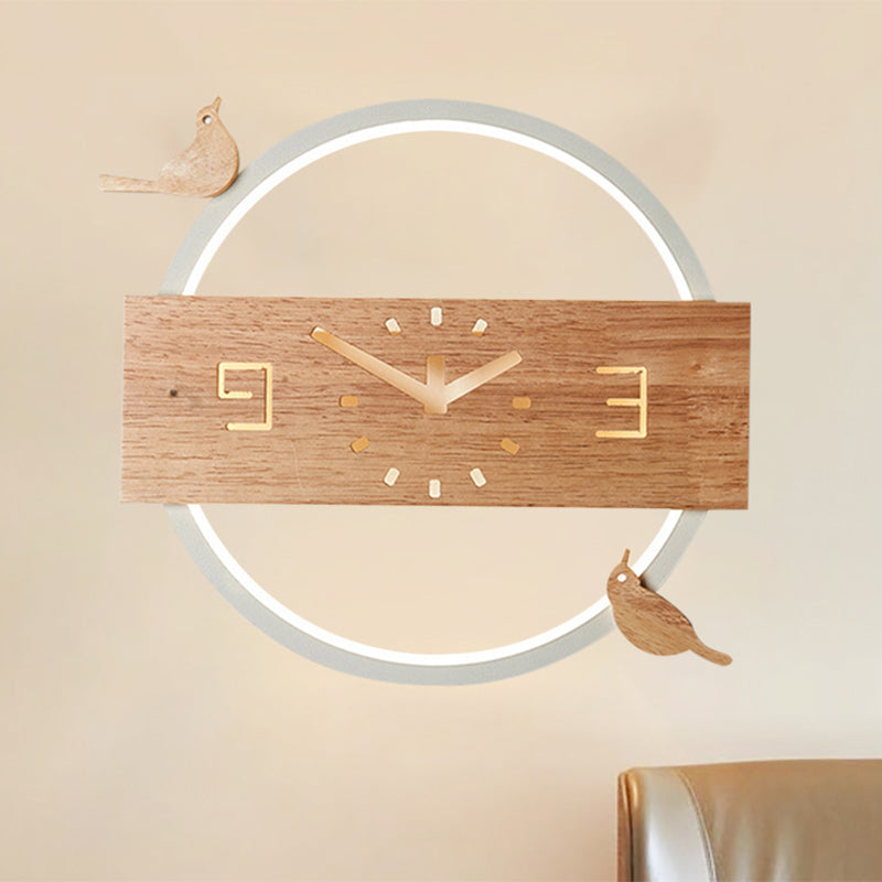 Ring LED Sconce Light with Wooden Clock & Bird Deco Kids Acrylic Wall Lamp for Living Room White Clearhalo 'Wall Lamps & Sconces' 'Wall Lights' Lighting' 261658