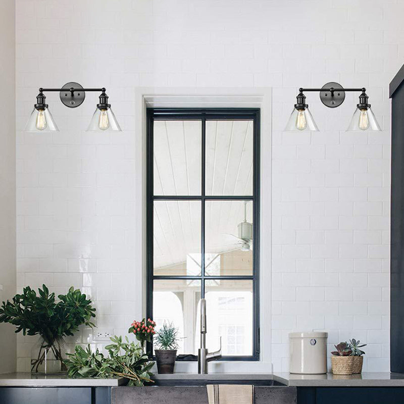 Conical Shade Industrial Wall Mounted Lamp 2 Lights Vanity Sconce in Clear Glass Cage Clearhalo 'Vanity Lights' 'Wall Lights' Lighting' 2617129