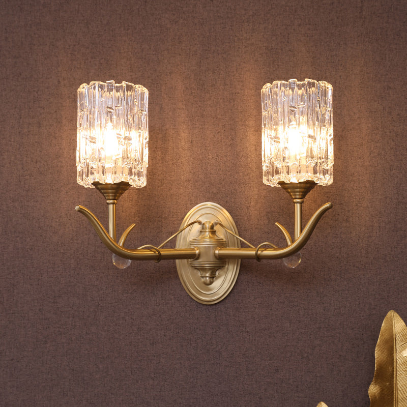 Cylindrical Corridor Wall Mount Light Clear Glass 1/2-Head Vintage Style Wall Sconce in Gold Finish Clearhalo 'Modern wall lights' 'Modern' 'Wall Lamps & Sconces' 'Wall Lights' Lighting' 261924