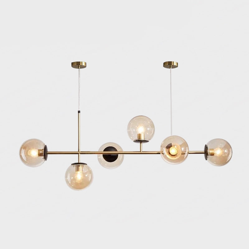 6 Light Modern Gold Metal Island Pendant Lighting Spherical Glass Island Ceiling Light for Dining Table Amber Clearhalo 'Ceiling Lights' 'Island Lights' 'Lighting' 2628626
