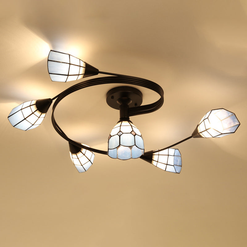 Tiffany Flower Semi Flush Light Stained Glass Ceiling Mounted Light for Living Room 6 Blue Clearhalo 'Ceiling Lights' 'Close To Ceiling Lights' 'Lighting' 2629185