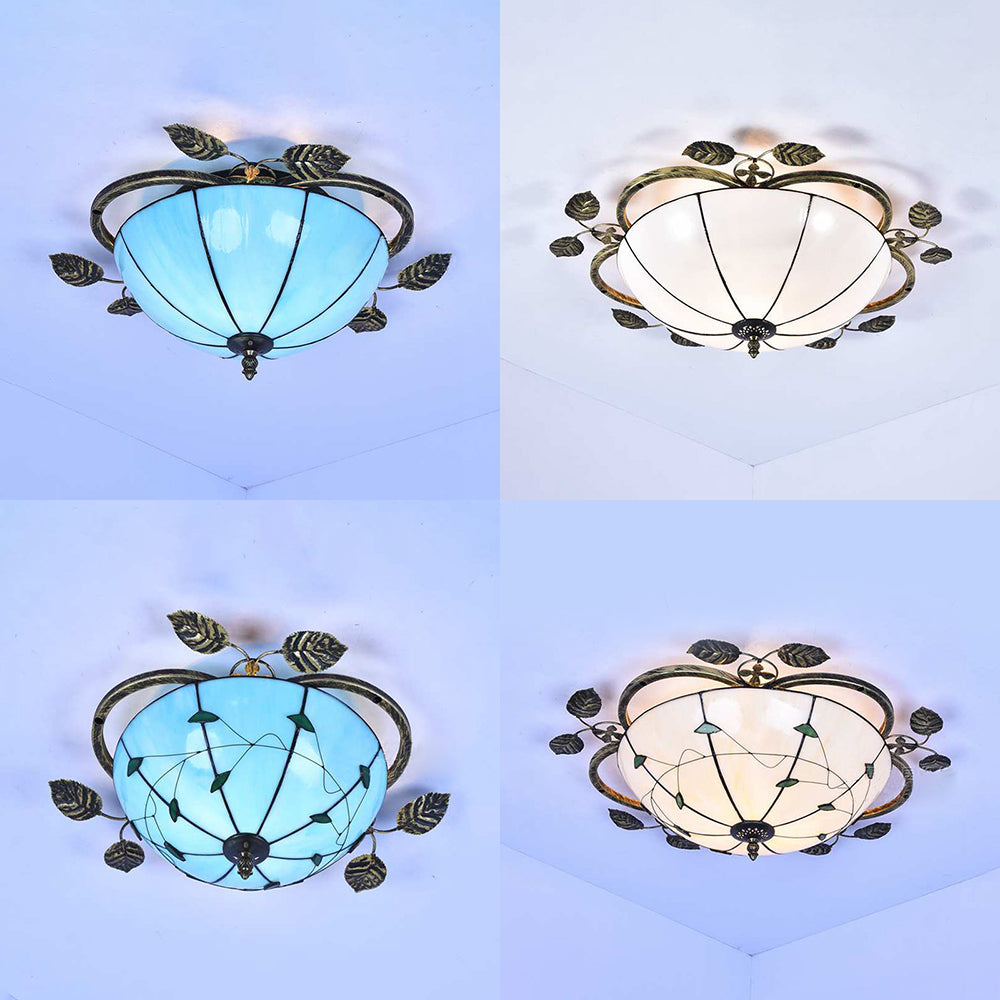 Bowl Flushmount Light Tiffany Stained Glass 3 Bulbs Flush Mount Ceiling Fixture with Leaf Decoration in White/Blue/Green-White/Blue-Green Clearhalo 'Ceiling Lights' 'Close To Ceiling Lights' 'Close to ceiling' 'Glass shade' 'Glass' 'Semi-flushmount' 'Tiffany close to ceiling' 'Tiffany' Lighting' 26475