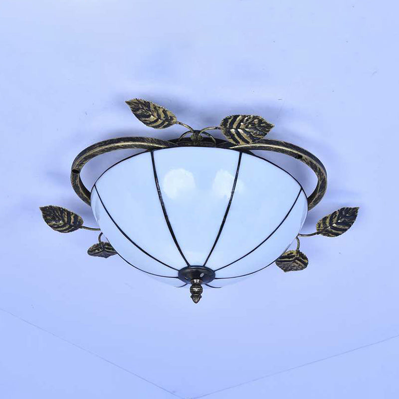 Bowl Flushmount Light Tiffany Stained Glass 3 Bulbs Flush Mount Ceiling Fixture with Leaf Decoration in White/Blue/Green-White/Blue-Green Clearhalo 'Ceiling Lights' 'Close To Ceiling Lights' 'Close to ceiling' 'Glass shade' 'Glass' 'Semi-flushmount' 'Tiffany close to ceiling' 'Tiffany' Lighting' 26483