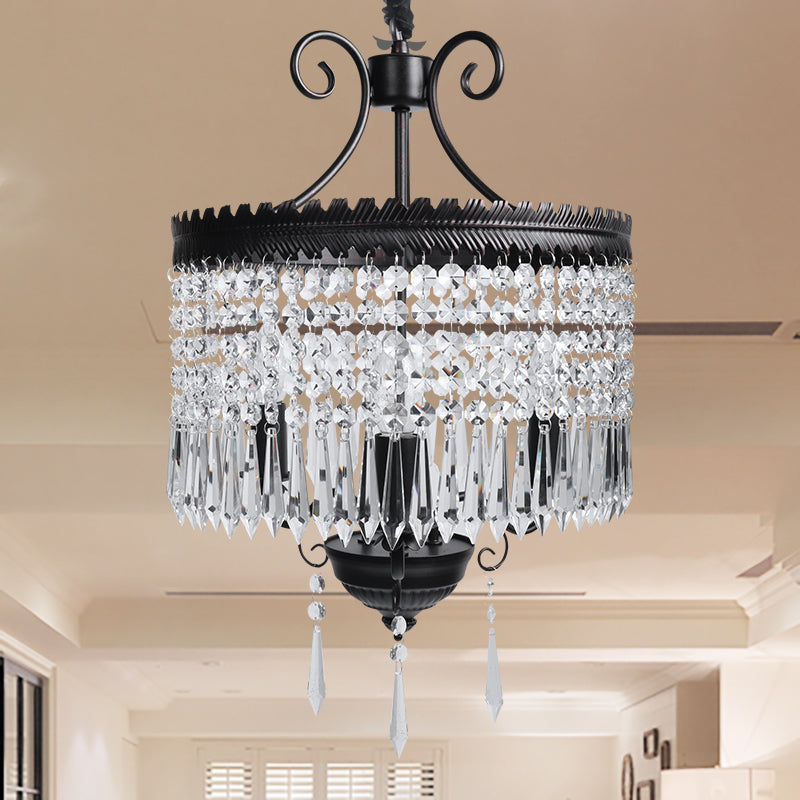 Clear Crystal Beaded Strand Pendant Light with Drum Shade Modernism 3 Lights Chandelier Lamp in Black Clearhalo 'Ceiling Lights' 'Chandeliers' 'Industrial Chandeliers' 'Industrial' 'Middle Century Chandeliers' 'Tiffany' Lighting' 265143