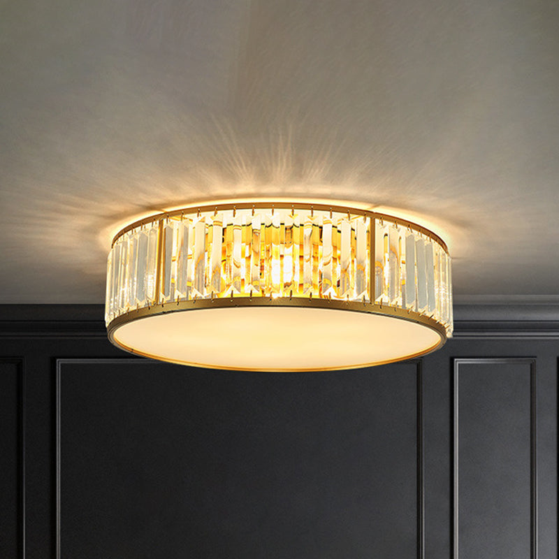 3/4/5 Lights Flush Light Contemporary Drum Crystal Ceiling Flush Mount in Gold for Bedroom, 12.5"/16.5"/20.5" W Clearhalo 'Ceiling Lights' 'Close To Ceiling Lights' 'Close to ceiling' 'Flush mount' Lighting' 265256