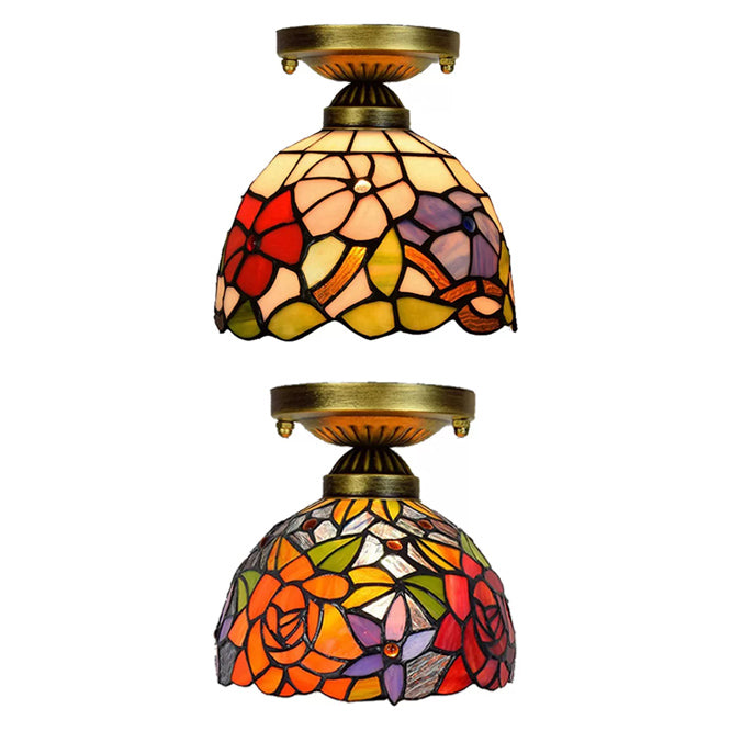 Stained Glass Ceiling Light for Bedroom, Tiffany Semi Flush Mount Light in Antique Brass with Floral Shade Clearhalo 'Ceiling Lights' 'Close To Ceiling Lights' 'Close to ceiling' 'Glass shade' 'Glass' 'Semi-flushmount' 'Tiffany close to ceiling' 'Tiffany' Lighting' 2691