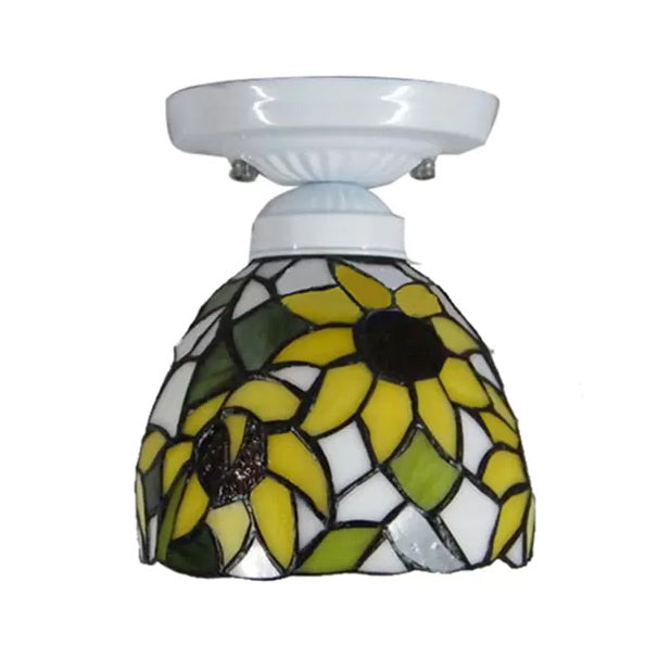 Stained Glass Ceiling Light, Tiffany Sunflower Semi Flush Light for Bedroom, 9" High x 8" in Diameter Clearhalo 'Ceiling Lights' 'Close To Ceiling Lights' 'Close to ceiling' 'Glass shade' 'Glass' 'Semi-flushmount' 'Tiffany close to ceiling' 'Tiffany' Lighting' 2700