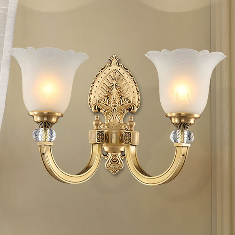 Bell Frosted Glass Wall Sconce Fixture Vintage Style 1/2-Head Bedside Wall Light with Golden Backplate 2.0 Gold Clearhalo 'Wall Lamps & Sconces' 'Wall Lights' Lighting' 270080