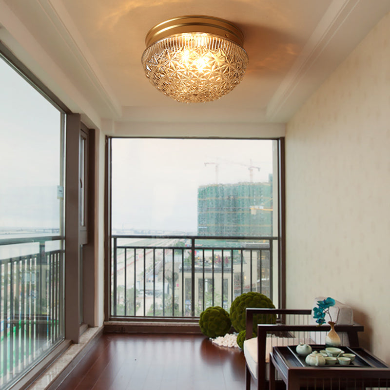 2 Bulbs Bowl Ceiling Mount Colonial Gold Clear Ribbed Glass Flush Light Fixture for Bedroom Clearhalo 'Ceiling Lights' 'Close To Ceiling Lights' 'Close to ceiling' 'Flush mount' Lighting' 270366