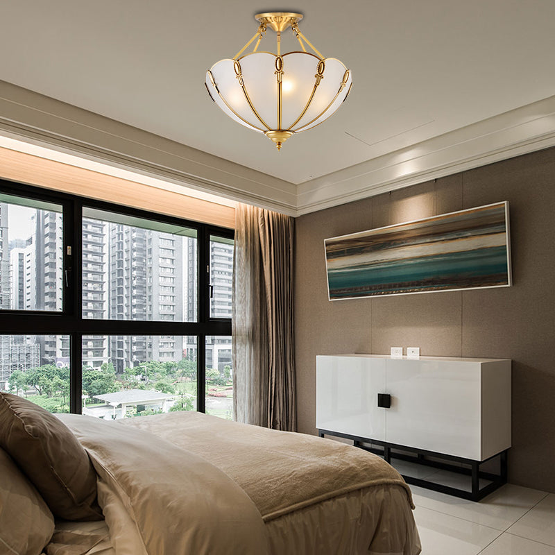 3/4 Bulbs Scalloped Ceiling Flush Mount Colonial Brass Satin Opal Glass Semi Mount Lighting for Living Room, 13"/17" W Clearhalo 'Ceiling Lights' 'Close To Ceiling Lights' 'Close to ceiling' 'Glass shade' 'Glass' 'Semi-flushmount' Lighting' 270745