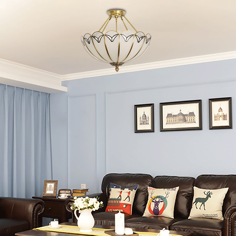 3 Bulbs Scallop Ceiling Flush Mount Colonial White Satin Opal Glass Semi Mount Lighting Clearhalo 'Ceiling Lights' 'Close To Ceiling Lights' 'Close to ceiling' 'Glass shade' 'Glass' 'Semi-flushmount' Lighting' 270751