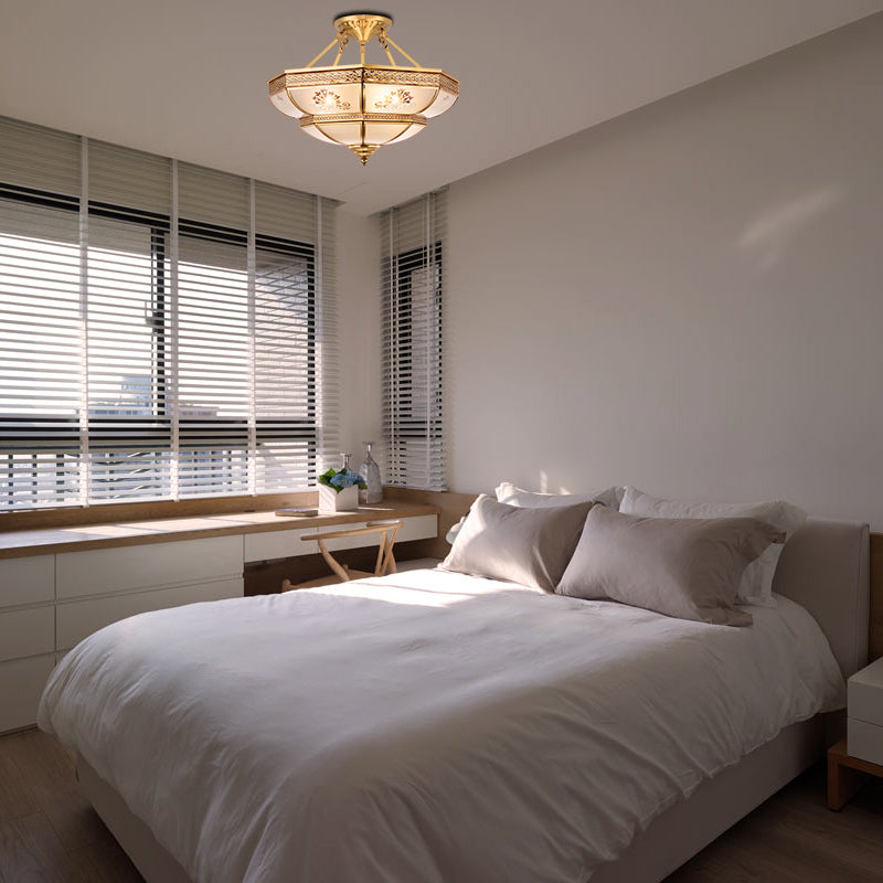 Ivory Glass Brass Ceiling Flush Bowl 4 Heads Colonialist Semi Mount Lighting for Living Room Clearhalo 'Ceiling Lights' 'Close To Ceiling Lights' 'Close to ceiling' 'Glass shade' 'Glass' 'Semi-flushmount' Lighting' 271409