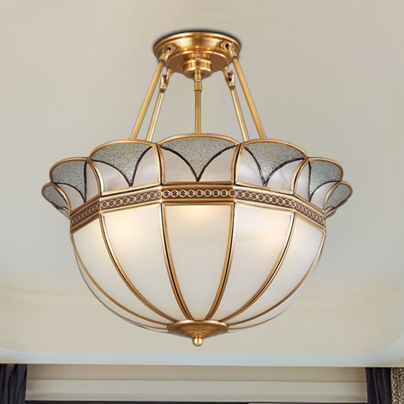 Bowl Milky Glass Ceiling Lighting Colonial 4 Bulbs Living Room Semi Flush Mount Ceiling Light in Brass Clearhalo 'Ceiling Lights' 'Close To Ceiling Lights' 'Close to ceiling' 'Glass shade' 'Glass' 'Semi-flushmount' Lighting' 271507