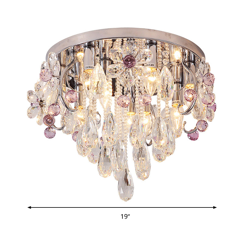 Teardrop Flushmount Modernist Crystal 6/9 Heads Stainless-Steel Ceiling Light Fixture, 19"/25.5" Wide Clearhalo 'Ceiling Lights' 'Close To Ceiling Lights' 'Close to ceiling' 'Flush mount' Lighting' 271685