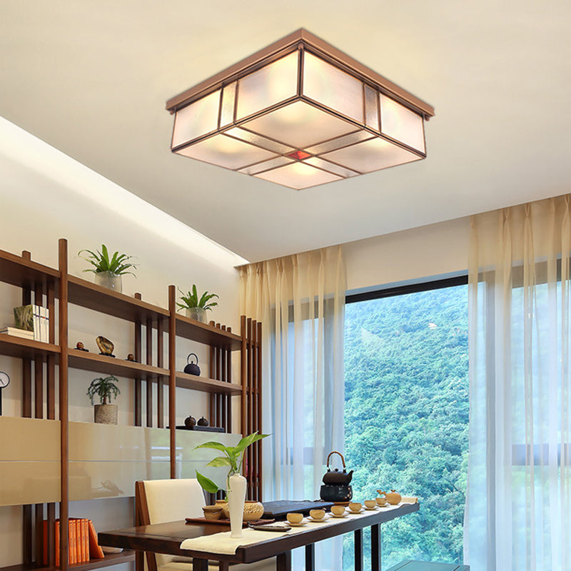 Square Milky Glass Ceiling Mounted Fixture Colonial 3/4 Bulbs Living Room Flush Mount Ceiling Lamp in Brass Clearhalo 'Ceiling Lights' 'Close To Ceiling Lights' 'Close to ceiling' 'Flush mount' Lighting' 272010