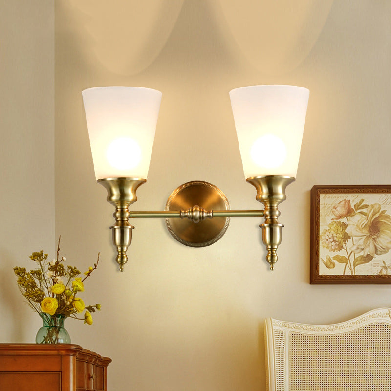 Frosted Glass Conical Wall Mounted Light Vintage Style 1/2-Head Indoor Wall Lighting in Brass 2.0 Brass Clearhalo 'Wall Lamps & Sconces' 'Wall Lights' Lighting' 273611