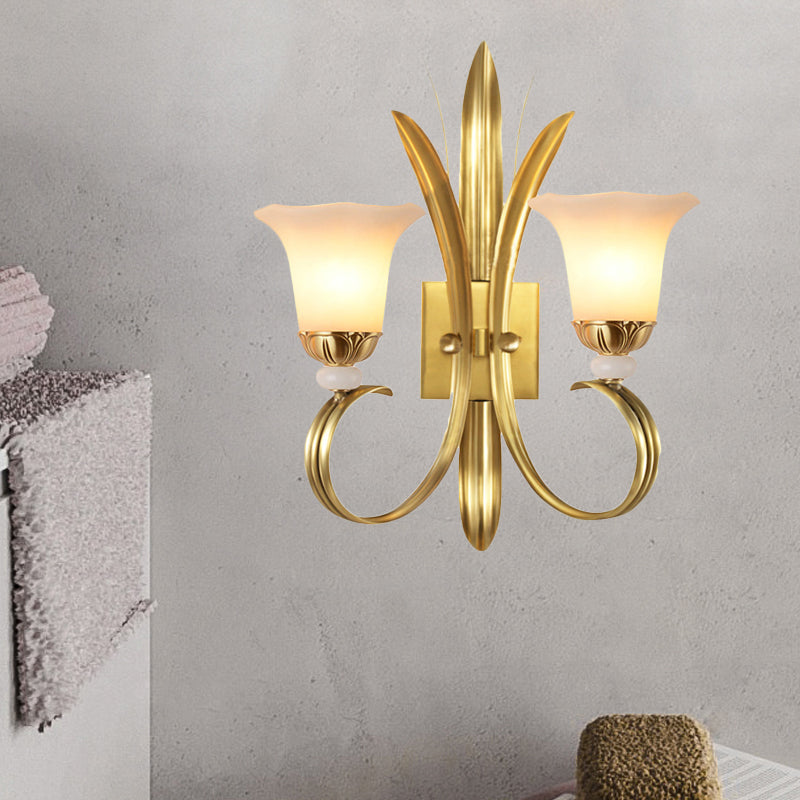 Brass Finish 1/2-Light Wall Mount Lamp Vintage Style Frosted Glass Flared Shade Wall Lighting for Hallway 2.0 Brass Clearhalo 'Wall Lamps & Sconces' 'Wall Lights' Lighting' 275257