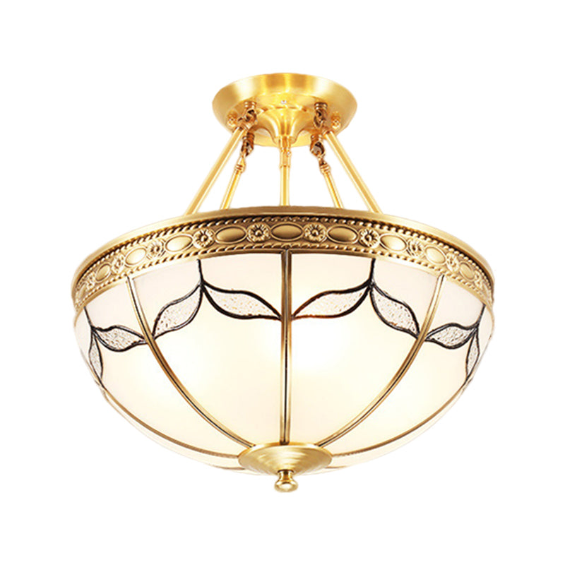 Domed Opal Glass Semi Mount Lighting Vintage 4-Light Bedroom Semi Flush in Brass, 12.5"/16" Wide Clearhalo 'Ceiling Lights' 'Close To Ceiling Lights' 'Close to ceiling' 'Glass shade' 'Glass' 'Semi-flushmount' Lighting' 276695