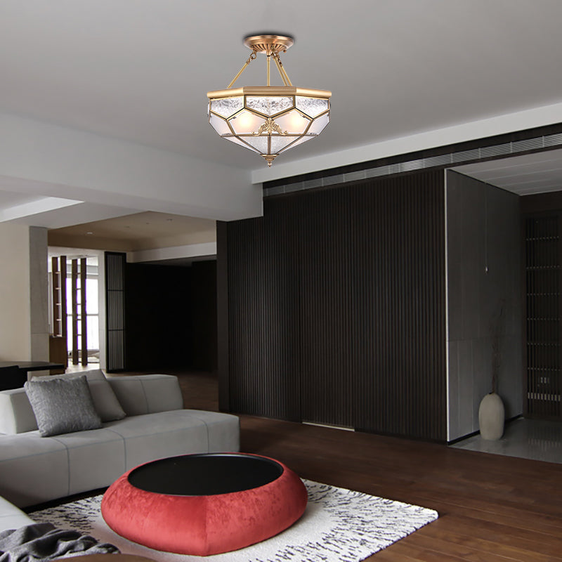 Gold 14“/16”/18“ Wide 3/4/6 Lights Semi Flush Mount Traditional Frosted Glass Faceted Semi Flush Light for Corridor Clearhalo 'Ceiling Lights' 'Close To Ceiling Lights' 'Close to ceiling' 'Glass shade' 'Glass' 'Semi-flushmount' Lighting' 276734