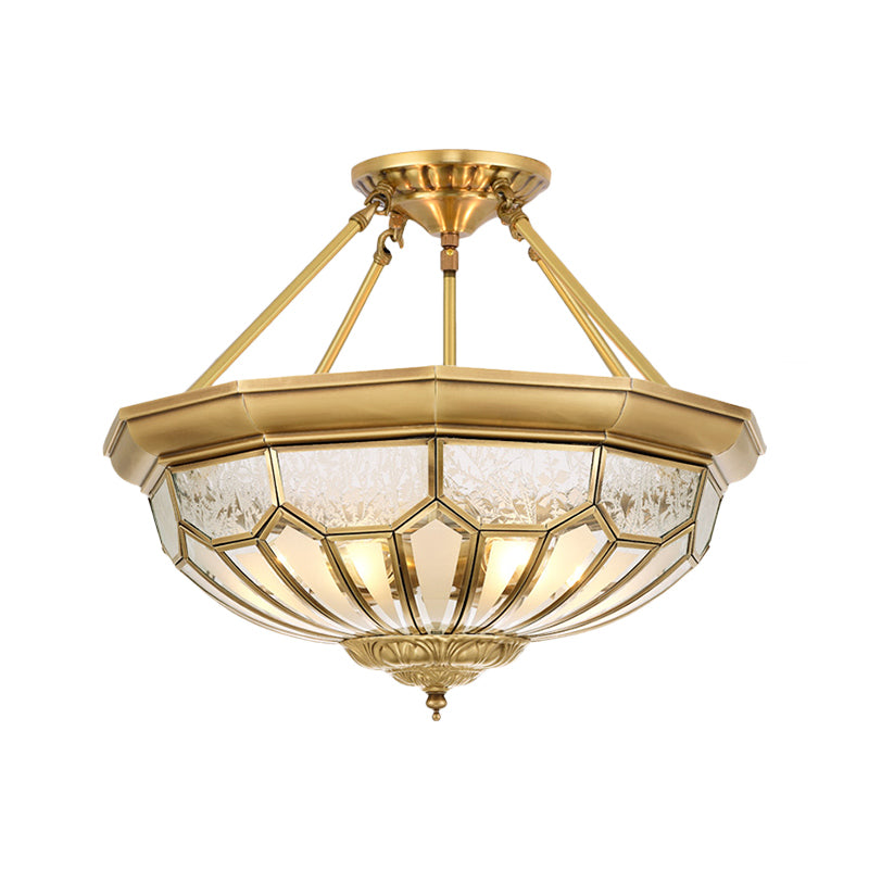 18"/19.5" Wide Bowl Bedroom Semi Flush Light Antique Frosted Glass 4/6 Lights Gold Semi Mount Lighting Clearhalo 'Ceiling Lights' 'Close To Ceiling Lights' 'Close to ceiling' 'Glass shade' 'Glass' 'Semi-flushmount' Lighting' 276910