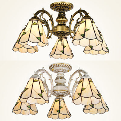 Conical Semi Flush Light Vintage Lodge Stained Glass 3/5 Heads Flush Ceiling Light in White/Antique Brass for Foyer Clearhalo 'Ceiling Lights' 'Close To Ceiling Lights' 'Close to ceiling' 'Glass shade' 'Glass' 'Semi-flushmount' 'Tiffany close to ceiling' 'Tiffany' Lighting' 27761