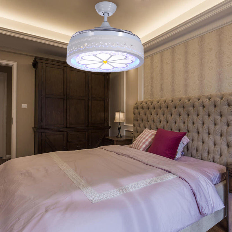 White Etched Petal Fan Light Kit Contemporary Clear Crystal LED Semi Flush Mount with Wall Control/Remote Control/Frequency Converter, 36"/42" W Clearhalo 'Ceiling Fans with Lights' 'Ceiling Fans' 'Modern Ceiling Fans' 'Modern' Lighting' 279302