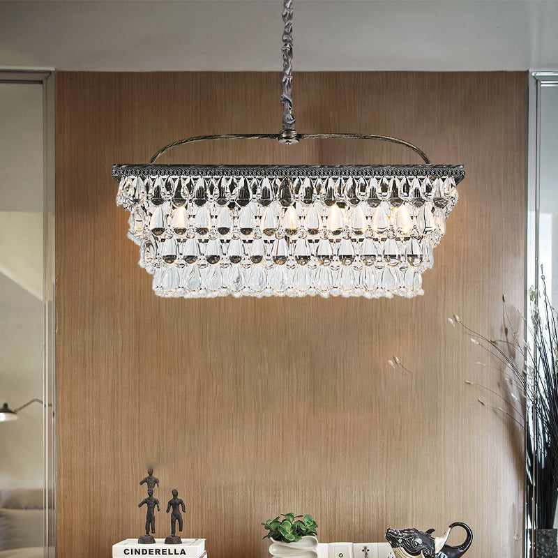 Silver Rectangle Hanging Ceiling Light Modernism Teardrop Crystal 4/6 Heads Living Room Island Light Clearhalo 'Ceiling Lights' 'Island Lights' Lighting' 280344