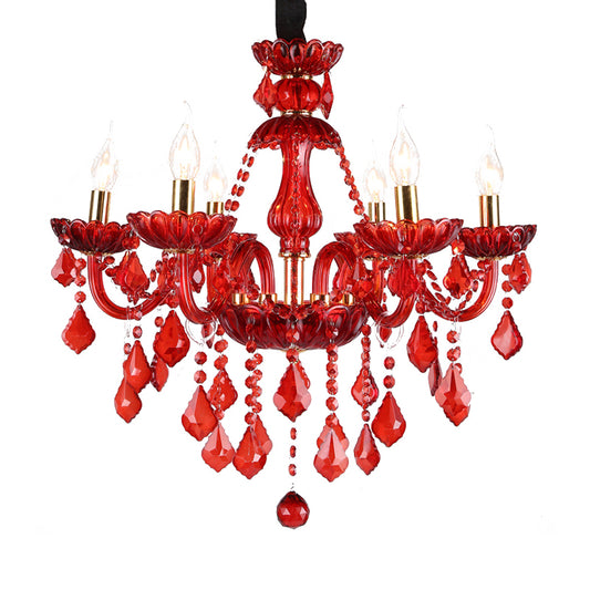 Crystal Candle/Bell Chandelier Lighting Modern 6/18 Lights Red Hanging Pendant with Shade/Shadeless, 23.5"/37.5" Wide Clearhalo 'Ceiling Lights' 'Chandeliers' 'Modern Chandeliers' 'Modern' Lighting' 280495