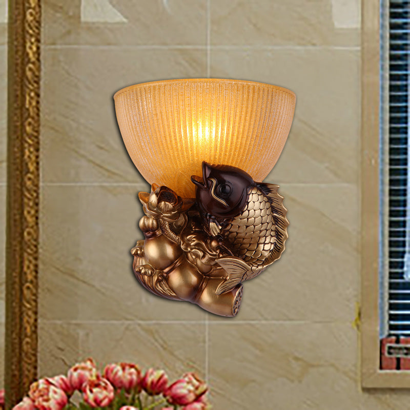 Gold Fish Wall Mount Lighting Lodge Style Resin 1 Bulb Bedroom Wall Sconce with Yellow Ribbed Glass Bowl Shade Clearhalo 'Wall Lamps & Sconces' 'Wall Lights' Lighting' 282454