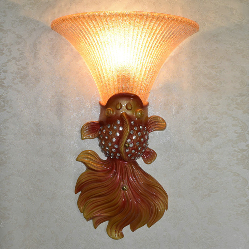 Red/Gold 1 Light Wall Sconce Fixture Lodge Stylish Resin Fish Shape Wall Mount Light with Amber Glass Bell Shade Red Clearhalo 'Wall Lamps & Sconces' 'Wall Lights' Lighting' 282481