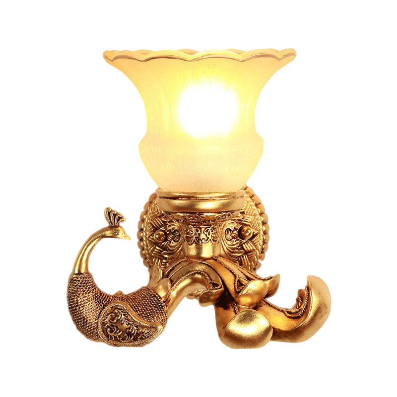 Frosted Glass Petal Wall Sconce Vintage Style 1 Bulb Corridor Wall Lighting Fixture with Gold Peacock Backplate Clearhalo 'Wall Lamps & Sconces' 'Wall Lights' Lighting' 283031